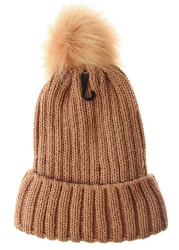 Solid pink knit beanie with striped pattern, fleece lining, and playful fur pompom for winter warmth and style.