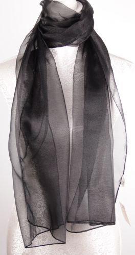 Elegant black polyester organza scarf, 165cm x 55cm, perfect for versatile styles from casual to formal occasions.