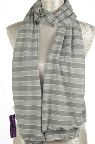 Knitted stripe pattern scarf in grey, 80x180cm, soft viscose-polyester blend for warmth and style during colder months.