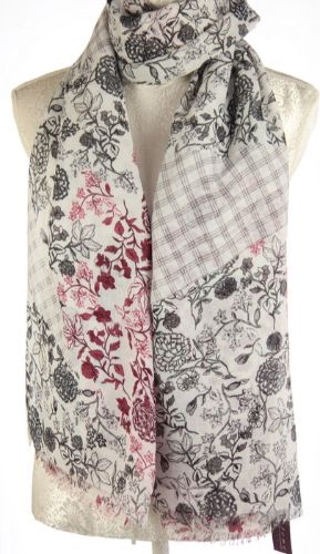 Burgundy floral gingham scarf featuring a delicate fringe, perfect for stylish layering and adding elegance to any outfit.