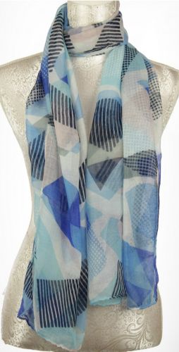 Vibrant blue geometric spots stripe scarf in 100% viscose, versatile for layering and stylishly warm.