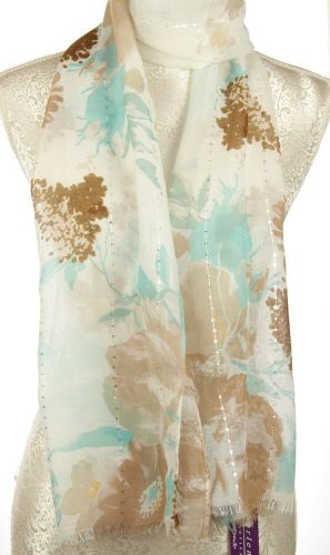 Taupe floral scarf with sequins, 100% soft viscose, lightweight, 42 x 190cm, adds elegance to any outfit.