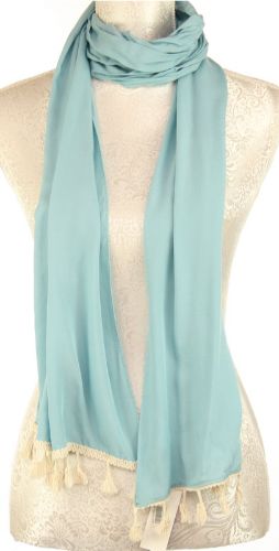 Luxurious blue scarf with ivory tassels, made of soft 100% viscose, perfect for stylish layering in any season.