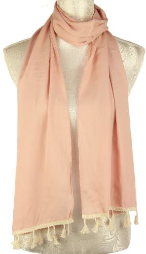 Soft pink and ivory tassel scarf in luxurious viscose; versatile accessory for year-round style and comfort.