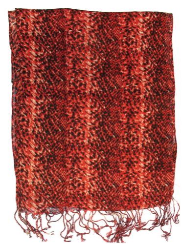 Red snake print scarf made of premium viscose pashmina, featuring tassels, perfect for chic and edgy styling.