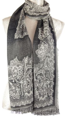 Black scarf featuring a delicate flower print, measuring 60x180cm, crafted from soft, breathable 100% viscose.