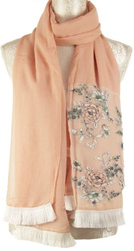 Elegant peach lace flower patcher scarf, 75x280cm, perfect for versatile styling in any season.