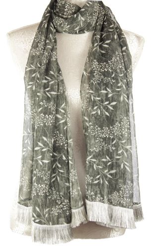 Grey leaf printed scarf measuring 70x180cm, perfect for versatile styling and adding elegance to any outfit.