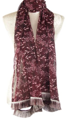 Leaf printed scarf in rich wine hue, 70x180cm, soft polyester, perfect for layering in fall styles.