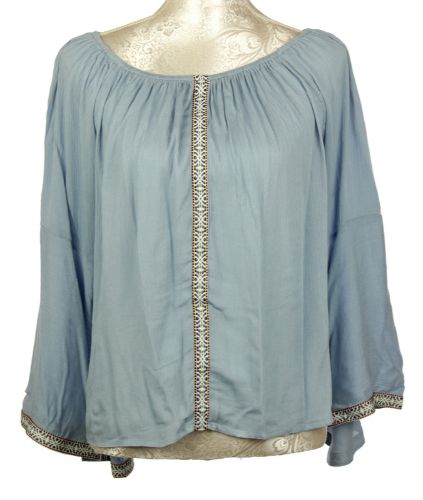 Stylish blue top with ribbon trims, crafted from 100% viscose for versatility and comfort in any occasion.