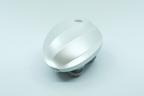 Cat Massager Flipside Pettecc in Pearl, featuring one-button use, USB rechargeable, whisper-quiet, and gentle kneading motions.