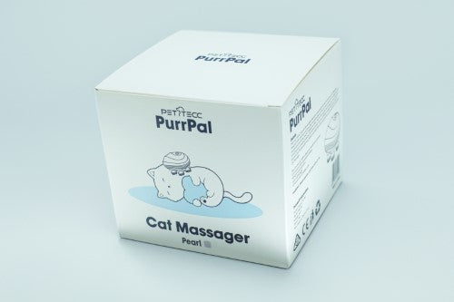 "Flipside Pettecc Cat Massager in Pearl, offering gentle kneading for relaxation, easy one-button use, and USB recharge."