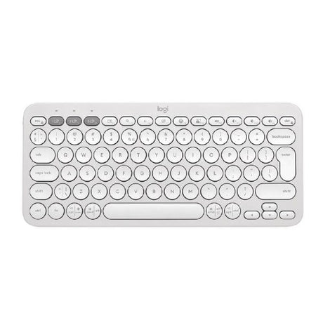 Lightweight Logitech Pebble Keys 2 K380s keyboard in tonal off white, featuring sustainable materials and quiet low-profile keys.