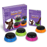 Recordable button set for dogs, enabling communication with words like "food," "play," and "outside" for enhanced training.