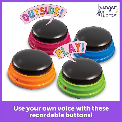 Four recordable buttons for dogs that teach essential words like "food" and "play," enhancing pet communication skills.