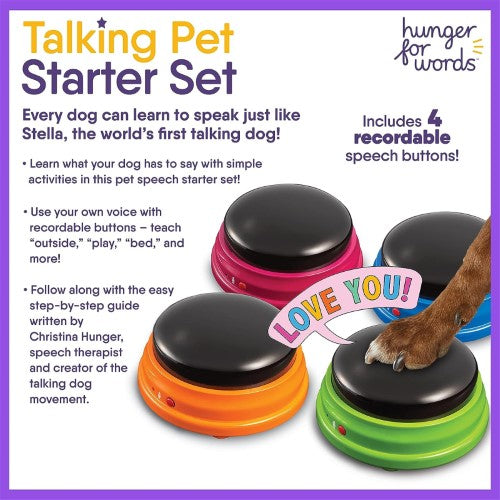 Four recordable buttons for dogs to facilitate communication and training, enhancing interaction between pets and owners.