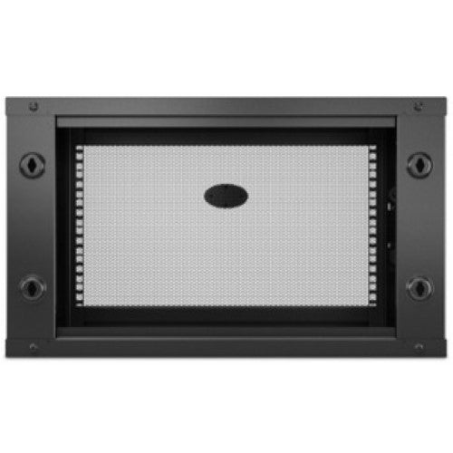 Black 6U wall-mounted enclosure from APC, designed for networking and equipment storage in server rooms.