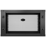 Black 6U wall-mounted enclosure from APC, designed for networking and equipment storage in server rooms.