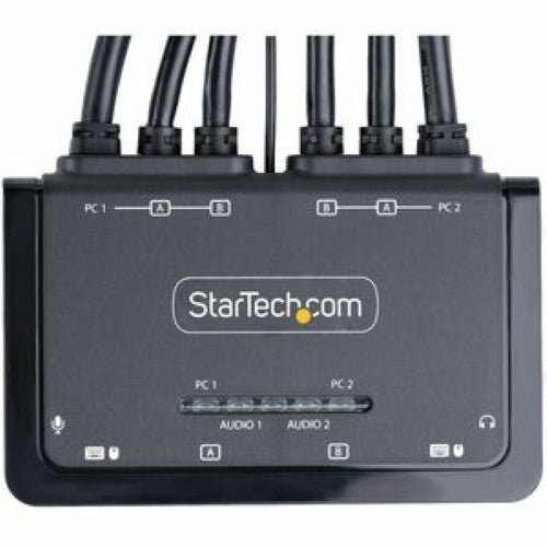 2-Port Dual-Monitor KVM switch with built-in cables for seamless control of dual 4K displays and audio across two computers.