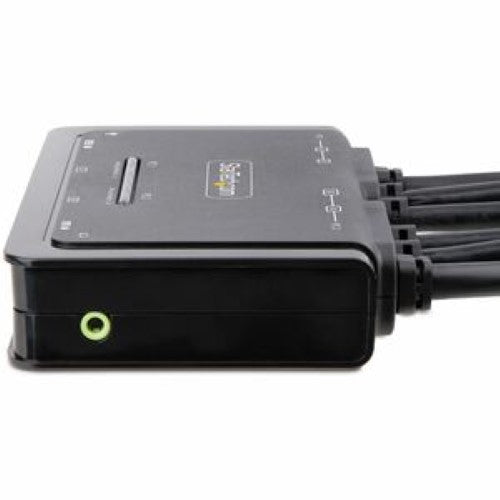 2-Port KVM switchbox for dual 4K displays with remote control, supporting 2 computers and universal compatibility.