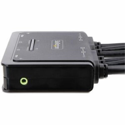 2-Port Dual-Monitor KVM Switchbox allowing seamless control of two computers with dual 4K HDMI displays and audio sharing.