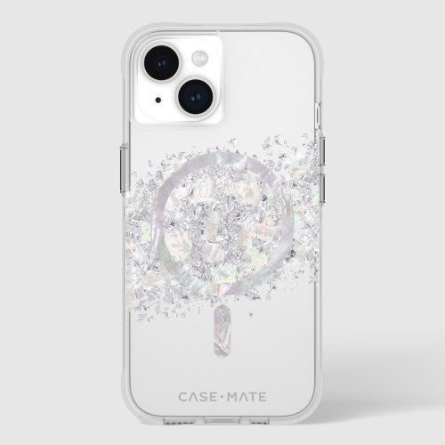 Elegant Touch of Pearl iPhone 15 case featuring Mother of Pearl elements, 12ft drop protection, and MagSafe compatibility.