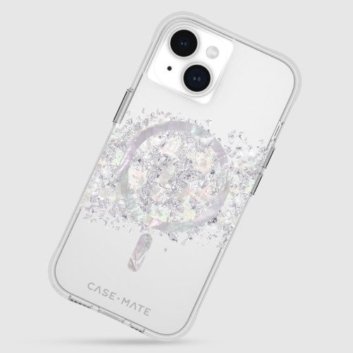 CaseMate Touch of Pearl MagSafe case for iPhone 15, featuring genuine Mother of Pearl, 12-ft drop protection, and eco-friendly design.