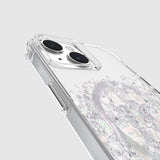 Pearlescent iPhone 15 case with drop protection, built-in MagSafe, antibacterial features, made from recycled materials.