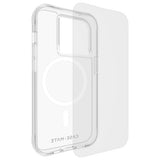 Clear iPhone 15 Pro case with 12ft drop protection, MagSafe compatibility, and eco-friendly, antimicrobial features.