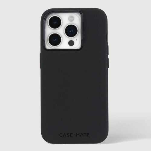 Black CaseMate silicone smartphone case for iPhone 15 Pro, offering 12-foot drop protection, MagSafe compatibility, and antimicrobial features.