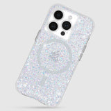 Iridescent smartphone case for iPhone 15 Pro with 12ft drop protection, MagSafe compatibility, and antibacterial features.