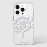 Smartphone case for iPhone 15 Pro featuring genuine Mother of Pearl design, 12ft drop protection, and MagSafe compatibility.