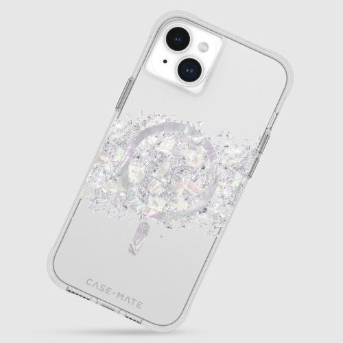 Elegant iPhone 15 Plus case featuring genuine Mother of Pearl with drop protection, MagSafe compatibility, and antimicrobial coatings.