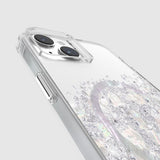 Elegant iPhone 15 Plus case featuring genuine Mother of Pearl, offering 12-ft drop protection and MagSafe compatibility.