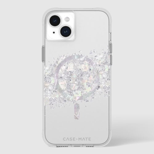 Elegant iPhone 15 Plus case featuring genuine Mother of Pearl, 12-ft drop protection, and strong MagSafe compatibility.