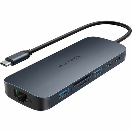 Targus HyperDrive EcoSmart Gen2 USB-C memory card reader in midnight blue, featuring dual HDMI, SD/microSD slots, and 4K support.