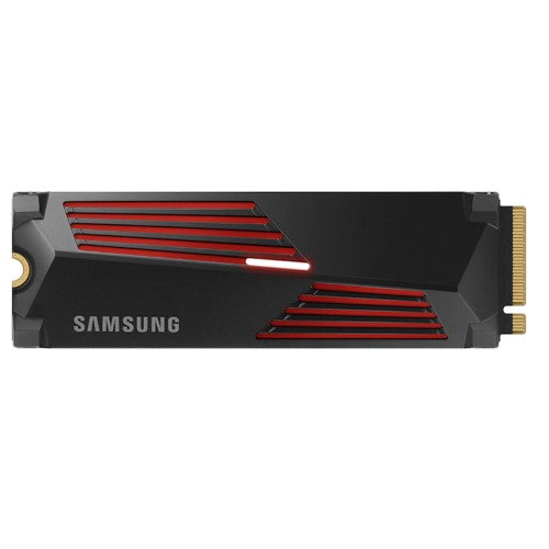 Samsung 990 Pro 4TB M.2 SSD with heatsink, featuring PCIe 4.0, fast data transfer, and robust AES 256-bit encryption.