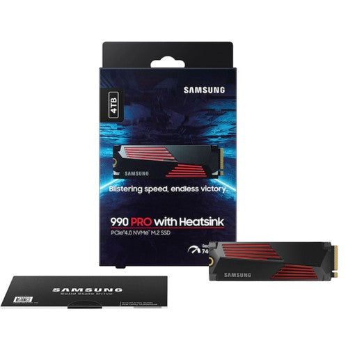 Samsung 990 Pro 4 TB SSD with heatsink, M.2-2280, PCIe 4.0, lightning-fast speeds, ideal for gaming and high-performance tasks.