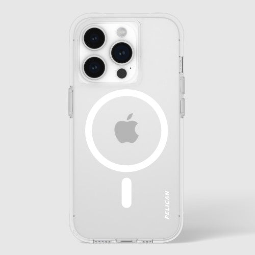 Clear Pelican Ranger Case for iPhone 15 Pro with MagSafe, offering drop and impact protection in a sleek minimalist design.