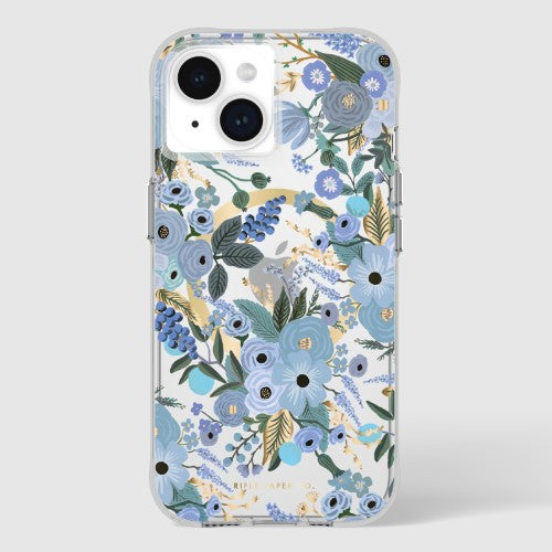 Stylish Garden Party Blue iPhone case with Rifle Paper Co. design, featuring 12ft drop protection and MagSafe compatibility.