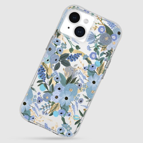 CaseMate iPhone 15 smartphone case in Garden Party Blue with Rifle Paper Co. design, 12ft drop protection, MagSafe compatible.