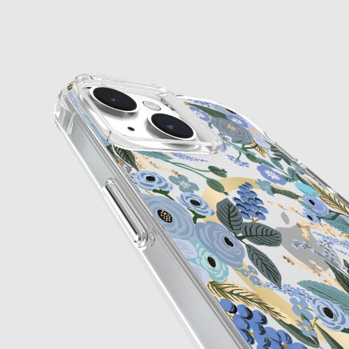 Rifle Paper Co. Garden Party Blue iPhone case with 12ft drop protection and MagSafe compatibility, crafted from recycled materials.