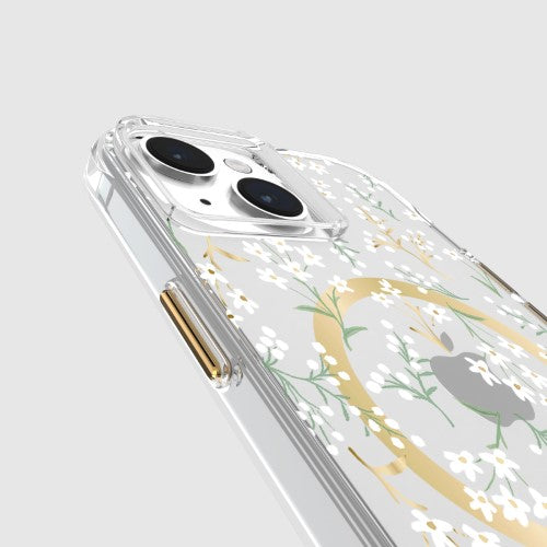 Floral iPhone 15 case featuring Rifle Paper Co. design, offering 12ft drop protection and MagSafe compatibility.