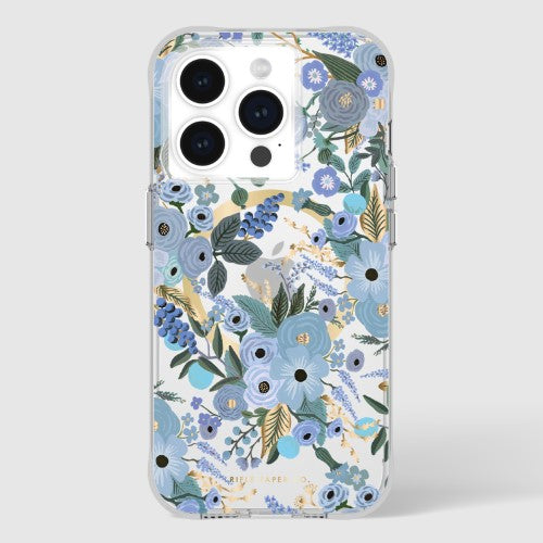 Whimsical Garden Party Blue iPhone 15 Pro case with 12ft drop protection, MagSafe compatibility, and made from recycled materials.