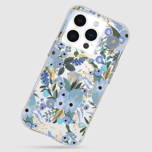 Whimsical Rifle Paper Co. Garden Party Blue case for iPhone 15 Pro, featuring 12ft drop protection and MagSafe compatibility.