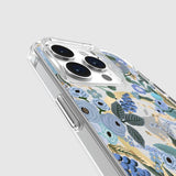 Whimsical Garden Party Blue case for iPhone 15 Pro, featuring drop protection, MagSafe compatibility, and eco-friendly materials.