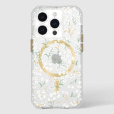 Floral iPhone 15 Pro case with 12ft drop protection, MagSafe compatibility, and eco-friendly materials.