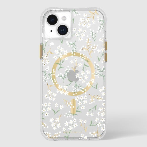 Floral-patterned Case-Mate smartphone case for iPhone 15 Plus, offering 12-ft drop protection and MagSafe compatibility.