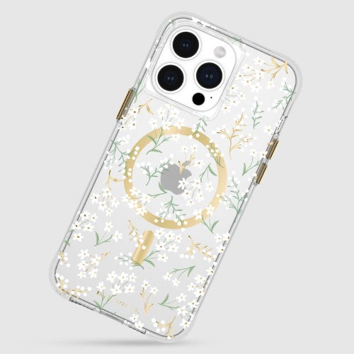 Rifle Paper Co. Petite Fleurs MagSafe case for iPhone 15 Pro Max with vibrant floral design, 12-ft drop protection, and antimicrobial features.