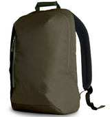 Eco-friendly olive backpack designed for 16-inch laptops, featuring recycled materials, secure zippers, and comfortable straps.